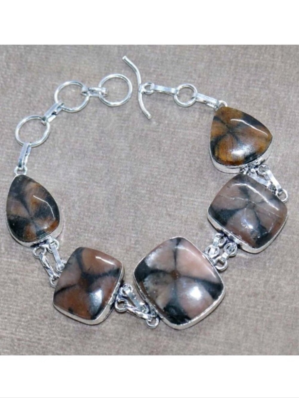 Chiastolite Gemstone 925 Sterling Silver Handmade Toggle Bracelet